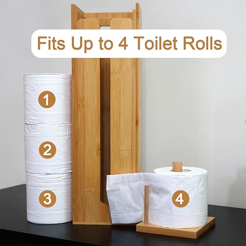 Bamboo Toilet Paper Holder Stand with Storage Shelf Box, Freestanding Bathroom Tissue Organizer and Wipes Dispenser, Reversible Use Lid, Eco-Friendly Natural Wood Home Decor Gift