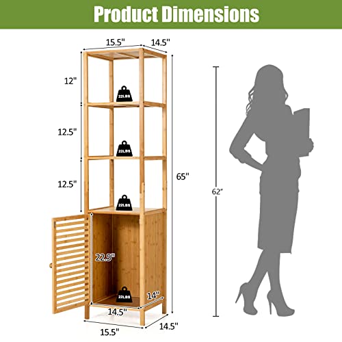 Tangkula Bathroom Cabinet, 65 Inch Tall Slim Bathroom Storage Cabinet with Shutter Door and 3 Open Shelves, Narrow Multifunctional Tower Cabinet, Natural Bamboo, 15.5 x 14.5 x 65 Inch - style: Tall Cabinet