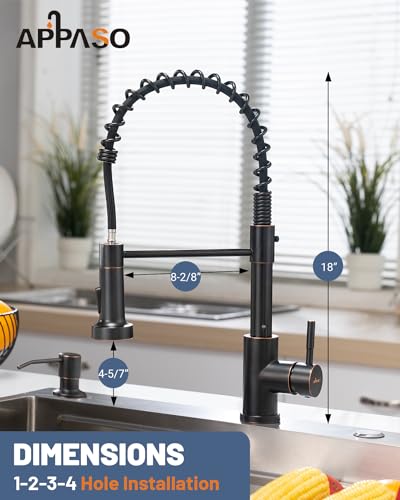 APPASO Spring Kitchen Faucet with Soap Dispenser Oil Rubbed Bronze | NSF/ANSI/CAN 372 & Lead-free, Pull Down Kitchen Sink Faucet, SUS304 Stainless Steel Single Handle High Arc Faucet - color: Bronze