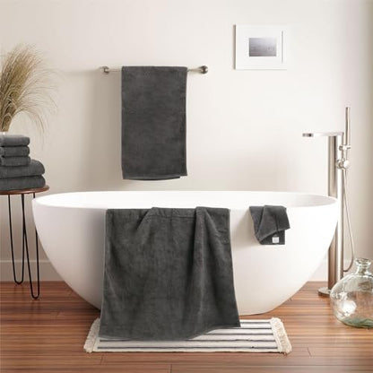 SEMAXE 18-Piece Cotton Bath Towel Set with Hanging Loops for Bathroom, Gray | Stock-up towel set for family bathrooms, guest baths, multi-bath homes, and wash-day rotation, OEKO-TEX certified, easy care - color: A02: Grey
