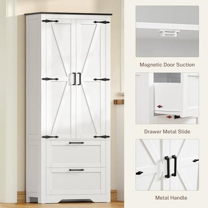 66.1" H Storage Cabinet with 2 Drawers, Farmhouse Kitchen Pantry Cabinet with 2 Doors & Adjustable Shelf, Bathroom Cabinet, for Living Room, Kitchen, Bathroom, White - color: White