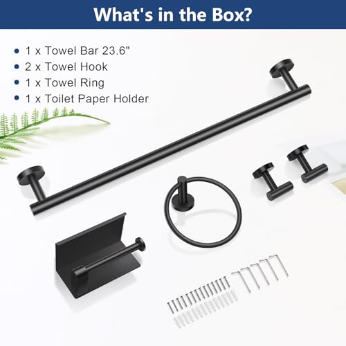TQKAG Bathroom Hardware Set Black, 5 Piece Bathroom Towel Bar Holder Sets | SUS304 Stainless Steel, 23.6" Toilet Paper Holder with Shelf, Towel Racks for Bathroom Wall Mounted, Matt Black Towel Bars - color: Matte Black, size: 5-Pieces Set-A