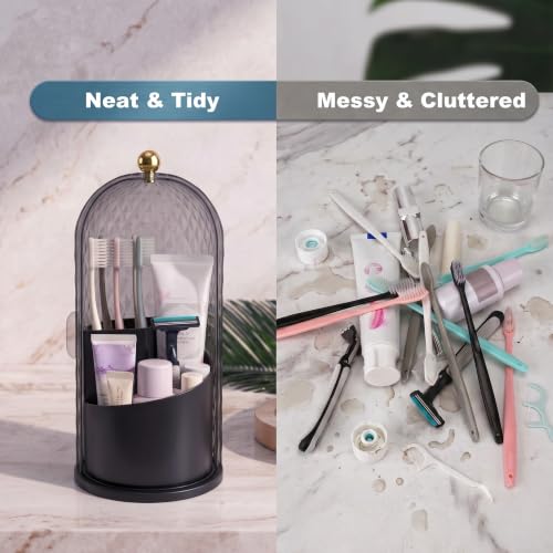 QIYVLOS Toothbrush Holders with Sliding Lid, Rotating 3 Slots Bathroom Organizer Countertop, Tooth Brush Toothpaste Holder Bathroom Counter Stand Caddy for Vanity Makeup Brushes Holder (Black) - color: Black