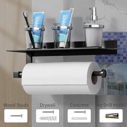 Wall Mount Paper Towel Holder with Shelf for Bathroom/Kitchen, Adhesive Hand Towel Holder, Matte Black - color: Black
