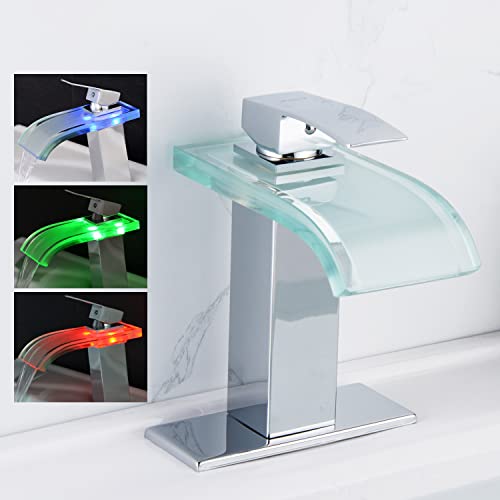 LED Bathroom Faucet, Chrome Waterfall Bathroom Sink Faucet, 1 Hole, 4 Inch Centerset, Color-Changing LED Temperature Control Light - color: Chrome