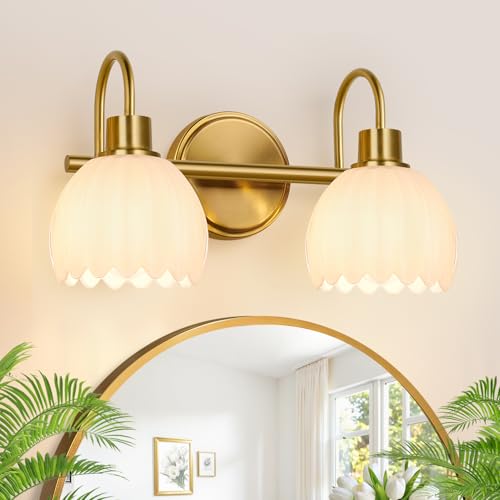 Bathroom Light Fixtures, 2-Light Gold Vanity Light Fixtures with White Tulip Glass Shades, Bathroom Lighting Fixtures Over Mirror for Bedroom, Living Room & Hallway (Bulbs Not Included) - color: Brushed Gold - Tulip White, size: 2-light