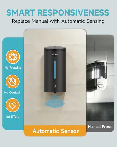 AIKE Classic Automatic Soap Dispenser,25oz for Bathroom,Matteblack AK1205E | 5-Level Adjustable and Savety Key for Commercial(4*AA Batteries Not Included),No-drill and Screw Wall Mount for Space-Saving - color: Matteblack Stainless Steel