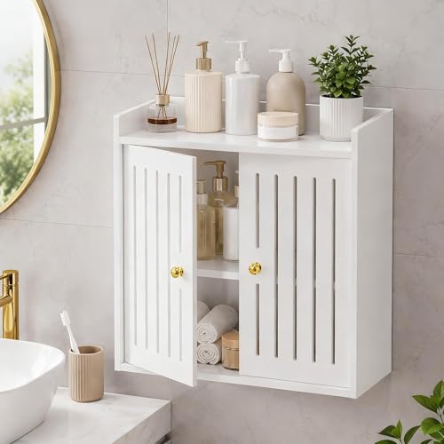 Bathroom Wall Cabinet, Wall Mounted Bathroom Organizer with Double Doors, No Drill PVC Storage Shelf for Toilet, Vanity, Washroom, Sink Area, White Bathroom Cabinet, 15.7 x 7.9 x 15.7 in