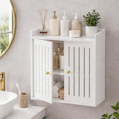 Bathroom Wall Cabinet, Wall Mounted Bathroom Organizer with Double Doors, No Drill PVC Storage Shelf for Toilet, Vanity, Washroom, Sink Area, White Bathroom Cabinet, 15.7 x 7.9 x 15.7 in