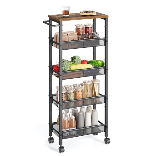 VASAGLE Slim Rolling Cart, 5-Tier Storage Cart, Narrow Cart with Handle, 8.7 Inches Deep, Metal Frame, for Kitchen, Dining Room, Living Room, Home Office, Rustic Brown and Classic Black ULRC035B01 - color: Rustic Brown + Classic Black, size: 5 Tiers (8.7"