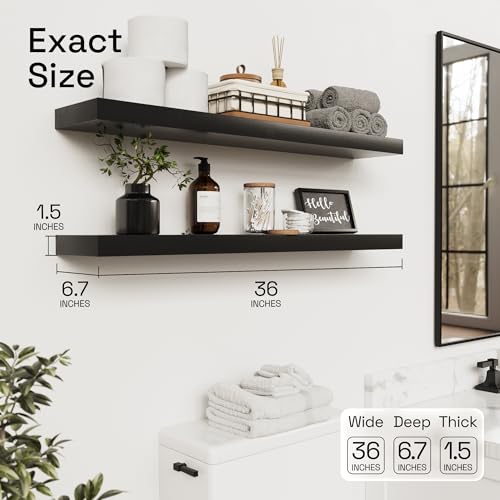 Solid Wood Floating Shelves for Wall 36 Inches Long, Black Wooden Shelf | Real Wood, 36 Inch, Heavy Duty, Wall Mounted, Bathroom Shelves Large, Bedroom Kitchen, Black Finish, 36W × 6.7D, Set of 2 - color: Black, size: 36 Inch