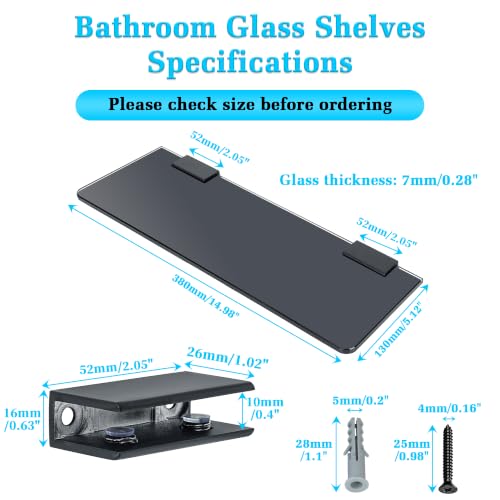 Alise Glass Shelves for Bathroom,15 Inch Wall Mounted Floating Shelf,Black | Tempered Glass Shelf,Metal Brackets,Rectangular,Floating Glass Shelves,Over Toilet,Vanity,Bedroom,Kitchen,1 Pack - color: Black