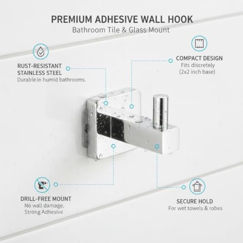 Wall Hook Stainless Steel Adhesive Mount for Bathroom Tile and Glass, Drill-Free Holder for Wet Towels and Robes (1 Piece) - size: 2.17 x 1.97 x 1.69 in