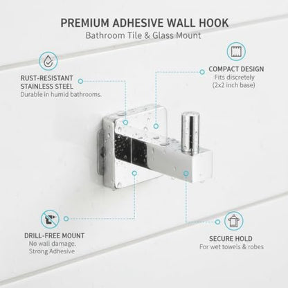 Wall Hook Stainless Steel Adhesive Mount for Bathroom Tile and Glass, Drill-Free Holder for Wet Towels and Robes (1 Piece) - size: 2.17 x 1.97 x 1.69 in