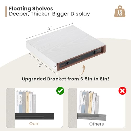Heimlove 12 Inch Deep Floating Shelves,12 Inch Wide Small Wall Shelves Set of 2, 2 Inch Thick Invisible Wall Mounted Shelves for Bathroom Bedroom Nursery,White - color: White, size: 12"W x 12"D x 2"H, Set of 2