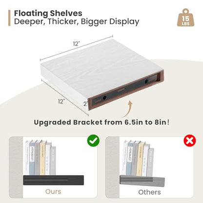Heimlove 12 Inch Deep Floating Shelves,12 Inch Wide Small Wall Shelves Set of 2, 2 Inch Thick Invisible Wall Mounted Shelves for Bathroom Bedroom Nursery,White - color: White, size: 12"W x 12"D x 2"H, Set of 2