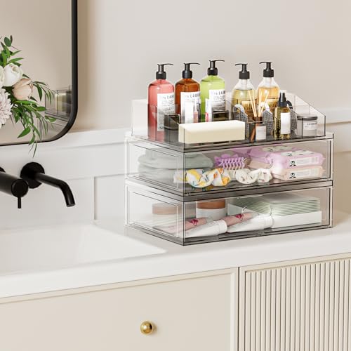 Clear Stackable Makeup Organizer with Drawer, 12''W Acrylic Storage Drawers | Cosmetic Display Case for Vanity Bathroom Countertop Drawers, Beauty Holder for Lipstick Brush Skincare Perfume - size: 3 Pack