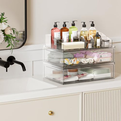 Clear Stackable Makeup Organizer with Drawer, 12''W Acrylic Storage Drawers | Cosmetic Display Case for Vanity Bathroom Countertop Drawers, Beauty Holder for Lipstick Brush Skincare Perfume - size: 3 Pack