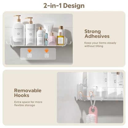 2 Pack Acrylic Shower Caddy Adhesive, No Drilling Bathroom Shower Organizers, with 4 Removable Hooks, Wall Mounted Shower Shelves, Acrylic Shower Holder Storage for Bathroom, Dorm, Kitchen
