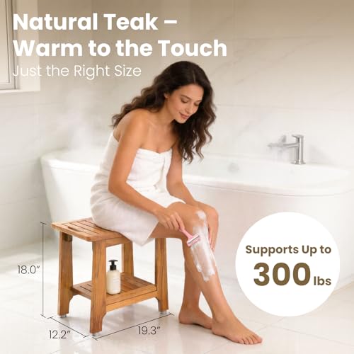 NNN 21" Standard Teak Shower Bench with Japan-Made Non-Slip Leveling Feet | US Patented Design, Marine-Grade Hardware, Pre-Oiled European Teak Oil, Ready, 300lb, for Showers Spa Sauna & Outdoor Pools - size: 21"W x 13" Dx 18"H