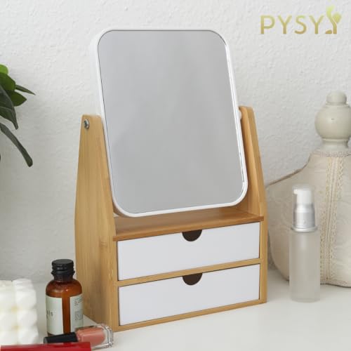 1x/5x Rectangle Magnifying Makeup Mirror, Jewelry and Cosmetics Storage Box | The Desktop Makeup Mirror Features Two Storage Compartments,360°Rotating Mirror Surface, and a Natural Bamboo Base