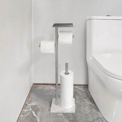 GZILA Toilet Paper Holder Stand with Shelf, Marble Base Heavy Free Standing Toilet Paper Double Roll Holders SUS304 Stainless Steel Brushed Nickel, Storages 4 Reserve Rolls Dispenser - color: Brushed Nickel - 2 Dispensers