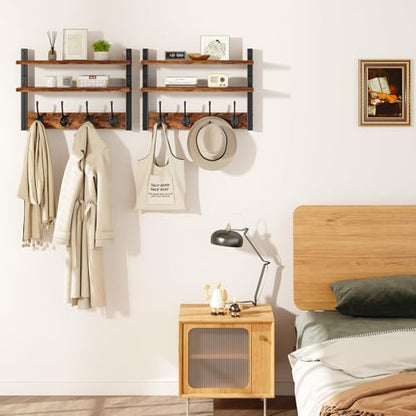 Double Shelf Coat Rack Wall Mount with 8 Hooks, Rustic Brown HWS009H-2 | Wooden Coat Hanger Key Holder Wall Mount for Coats Hats Keys - Wood Wall Mounted Coat Rack with Shelf for Entryway & Bathroom - color: Rustic Brown