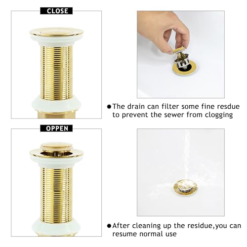 Bathroom Sink Drain,2 Pack Gold Stainless Steel Bathroom Drain Stopper Without Overflow,Small Cap Pop Up Drain Assembly with Detachable Strainer Basket,Built-in Anti-Clogging - color: 2 Pack-gold-small Cap, style: Without Overflow