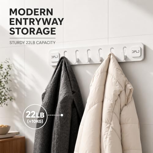 White Long Strip with 6 Hooks Suction Cup Hooks No Drill Damage Free Removable Shower Wall Hooks for Bathrooms Towel Loofah Bath Brush Clothes and Over Door Storage