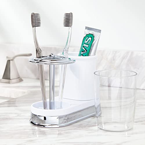 mDesign Plastic Toothpaste and Toothbrush Holder Center with Cup/Cover - Organizer for Bathroom Vanity Countertop - Holds Paste, Floss, Accessories - Hyde Collection - White/Chrome - color: White/Chrome