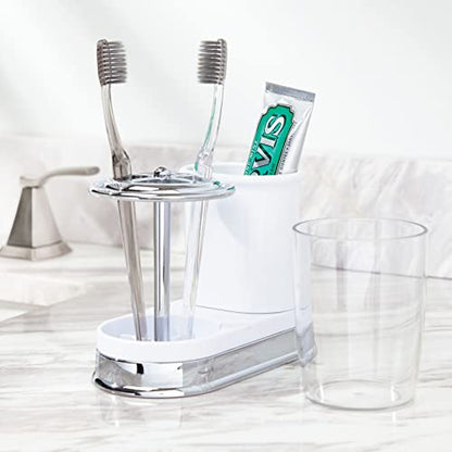 mDesign Plastic Toothpaste and Toothbrush Holder Center with Cup/Cover - Organizer for Bathroom Vanity Countertop - Holds Paste, Floss, Accessories - Hyde Collection - White/Chrome - color: White/Chrome