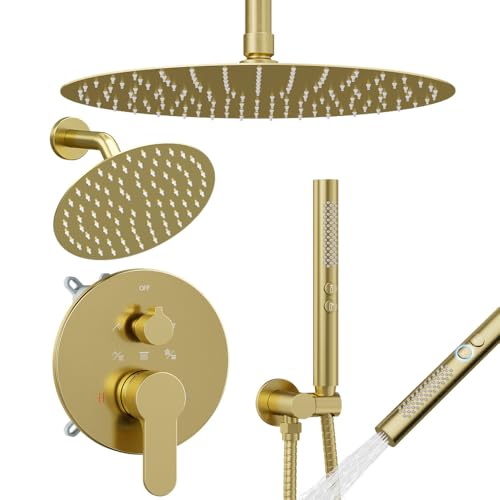 Shower Systems Shower Faucet Sets STARBATH 3 Way 12+6" Round Dual Rainfall Shower Head with Handheld Spray Combo, Ceiling Mounted Rain Shower Valve with 5 Diverter and Trim Kit Complete, Brushed Gold - color: Brushed Gold, size: 6+12 inch-04