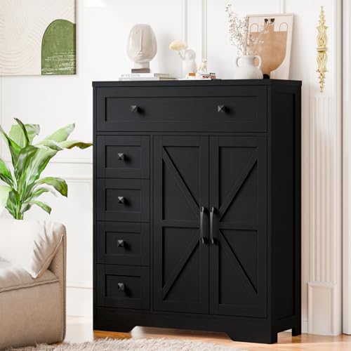 Vabches Farmhouse Storage Cabinet with 2 Doors and 5 Drawers, Pure Black | Freestanding Bathroom Cabinets, Kitchen Pantry, Floor Storage Cabinet Hutch Cupboard for Living Room/Bathroom/Kitchen - color: Pure Black, style: 5 Drawers