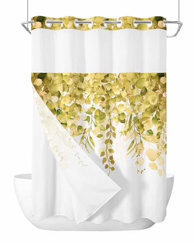 No Hook Shower Curtain and Snap in Liner Set, Yellow Eucalyptus Fabric Bathroom Stall Shower Curtains 48x72, See Through Mesh Top Window, Spring Summer Botanical Floral Leaves Country Hotel Style - color: Yellow, size: 48"W x 72"L (Pack of 1)