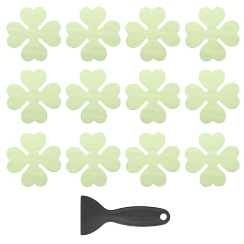 PATIKIL 12 Pcs Non Slip Bathtub Stickers, Anti Slip Shower Stickers with Scraper Bathroom Shower Floor Decals Four Leaf Shape Cute Treads Tubs, Luminous - color: Luminous