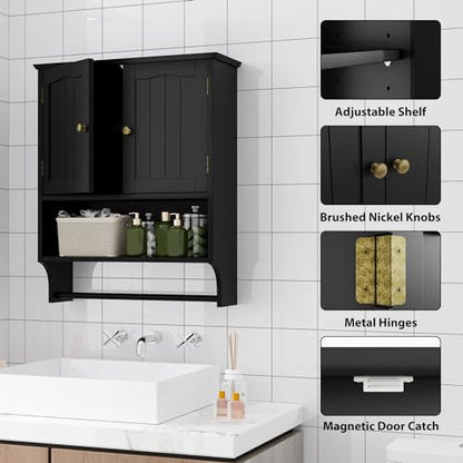 Black Bathroom Cabinet with Towel Rack, Bathroom Wall Cabinet with 2 Doors and Adjustable Shelf, Medicine Cabinet Wall Mount, Over The Toilet Storage - color: Black Bathroom Cabinet With Towel Rack