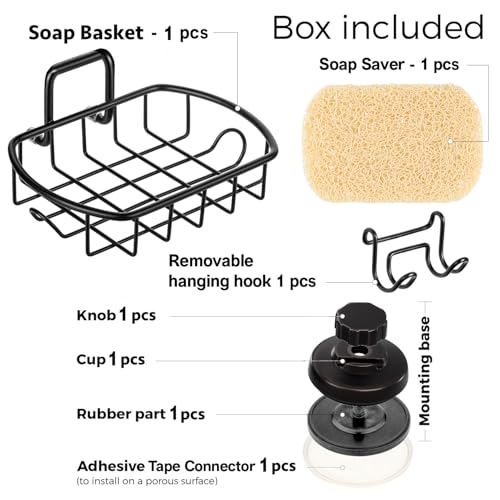 HASKO accessories Suction Soap Dish with Hooks - Super Powerful Vacuum Suction Cup Shower Soap Holder - Rustproof Stainless Steel SS304 Soap Basket - Sponge Holder for Bathroom & Kitchen (Black) - color: Black