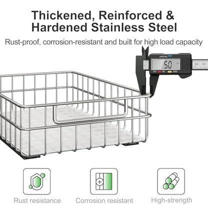 Pull out Cabinet Organizer, Stainless Steel 1-Pack (9.8"W x 16.5"D) Full-Extension Slide out Drawer, Adhesive Roll out Can Spice Storage Basket Shelf Rack for Pantry, Kitchen, Bathroom, Home Closet - size: (9.8"W x 16.5"D x 4.7"H)