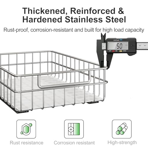 Pull out Cabinet Organizer, Stainless Steel 2-Pack (9.8"W x 16.5"D) Full-Extension Slide out Drawer, Adhesive Roll out Can Spice Storage Basket Shelf Rack for Pantry, Kitchen, Bathroom, Home Closet - size: (9.8"W x 16.5"D x 4.7"H)
