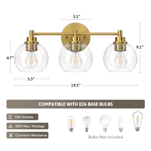 VONLUCE 3 Light Bathroom Vanity Light Fixtures, Gold Finish | Globe Glass Shades, E26 Sockets, Easy to install, Vanity Lights for Bedroom Hallway Living Room - color: Gold, size: 3-Light