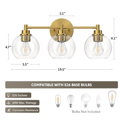 VONLUCE 3 Light Bathroom Vanity Light Fixtures, Gold Finish | Globe Glass Shades, E26 Sockets, Easy to install, Vanity Lights for Bedroom Hallway Living Room - color: Gold, size: 3-Light