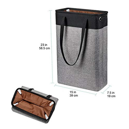 Laundry Basket with Handles Black&Grey-Slim Laundry Bin Collapsible Dirty Clothes Basket Narrow Laundry Bag Foldable Dirty Hamper for Camping, Dorms, Apartments - color: Black-grey