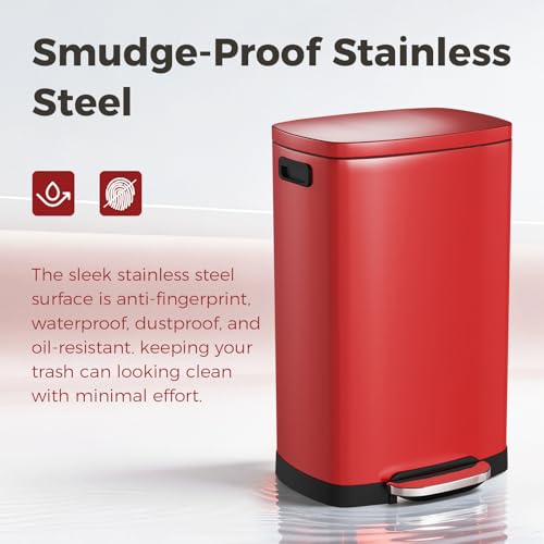 ELPHECO Kitchen Trash Can with Lid 13 Gal Stainless Steel Pedal Garbage Can | Soft Close Lid Pedal Heavy-Duty Fingerprint Proof Step Wastebasket with 20 Bags Removable Bucket, Home Office, Scarlet Red - color: Scarlet Red