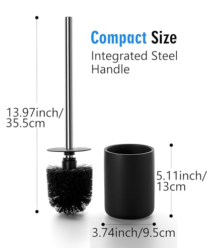 Ceramic Toilet Brush and Holder Set, Toilet Bowl Cleaner Brush | Freestanding Deep-Cleaning, Stainless Steel Handle, Small & Sturdy for Storage, Easy to Clean, Non-Scratching - color: Matt Black