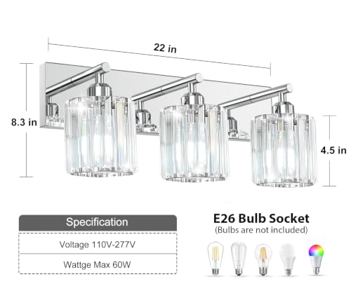 Brushed Chrome Crystal Bathroom Vanity Light, 3-Light Modern Bathroom Lighting Fixtures Over Mirror,Chrome Wall Sconce Light Fixtures with Round Shade - color: Chrome-Round Shade, size: 3-LIGHT