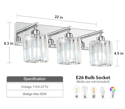 Brushed Chrome Crystal Bathroom Vanity Light, 3-Light Modern Bathroom Lighting Fixtures Over Mirror,Chrome Wall Sconce Light Fixtures with Round Shade - color: Chrome-Round Shade, size: 3-LIGHT