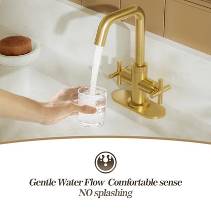 Phiestina Brushed Gold 2-Handle 4 Inch Centerset Single Hole Bathroom Faucet with Drain,Deck Plate and Supply Hoses, Fit for 1 or 3 Hole, SGF002-10-BG