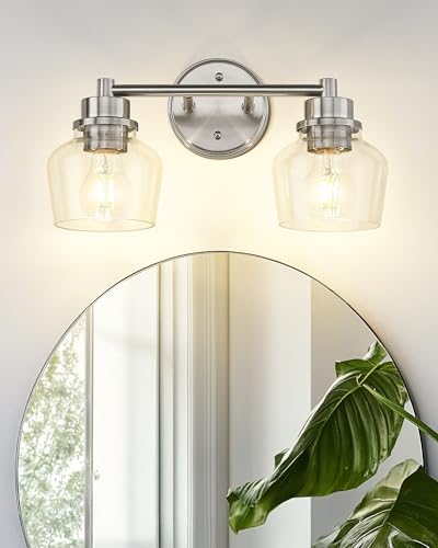 Emak 2-Light Vanity Lights, Brushed Nickel Bathroom Lights Over Mirror with Clear Glass Shade, Modern Bathroom Wall Sconces, VL122-BN-CG-2 - color: Brushed Nickel & Clear Glass, size: 2 Light