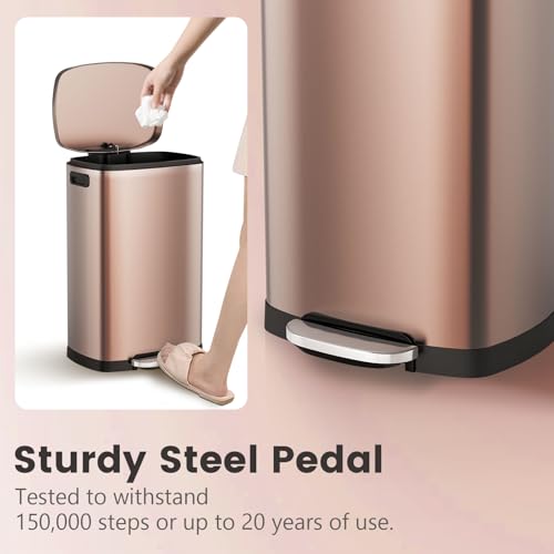 ELPHECO Kitchen Trash Can with Lid 13 Gal Stainless Steel Pedal Garbage Can | Soft Close Lid, Pedal, Heavy-Duty Fingerprint Proof Step Wastebasket with 20 Bags, Removable Bucket, Home Office, Champagne - color: Champagne