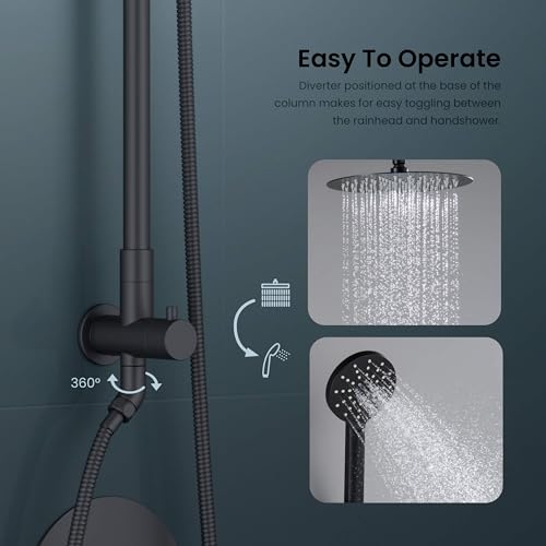 KIBI Circular Rain Shower Column, 2-Function, Solid Brass, Matte Black | 10in Rain Head Plus 3-Mode Handheld, Height-Adjustable, Brass Rough-in Valve, Pressure Balance, Wall-Mounted, KSC403 - color: Matte Black